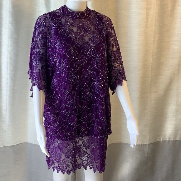 Brilliante By J.A. Purple Sequin Beaded Short Sleeve High Neck Tunic Top Sz L - Picture 1 of 12